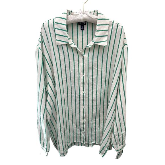 SCOOP | Green White Striped Button Down Blouse Linen Blend Top NWT | XXL 20 - Picture 1 of 8